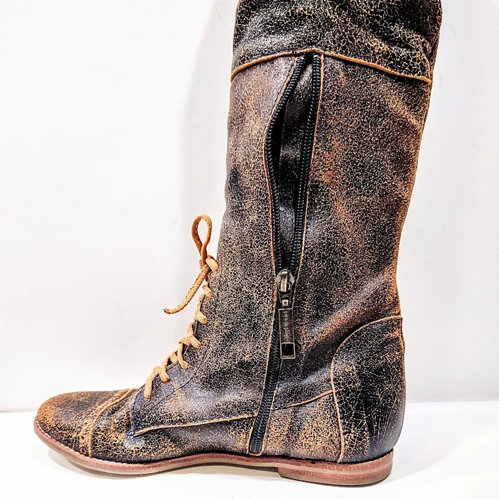 Sibyl Vane Knee High Riding Boots Distressed Leather Women 37 Equestrian Gaucho